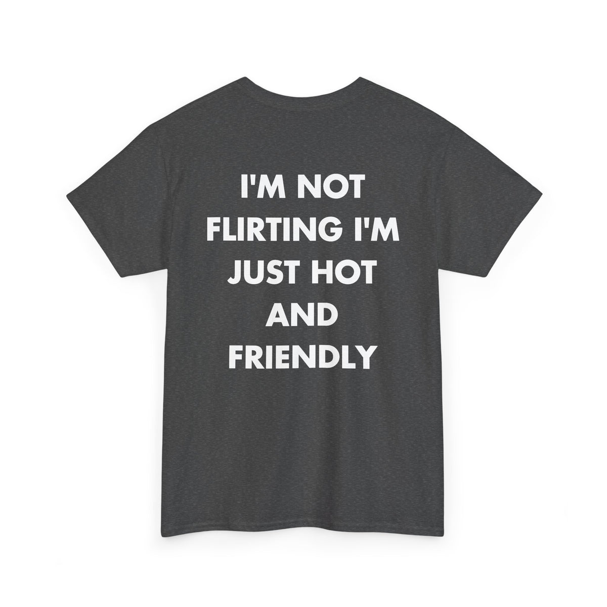 Dark Heather T-shirt with I'M NOT FLIRTING I'M JUST HOT AND FRIENDLY back print