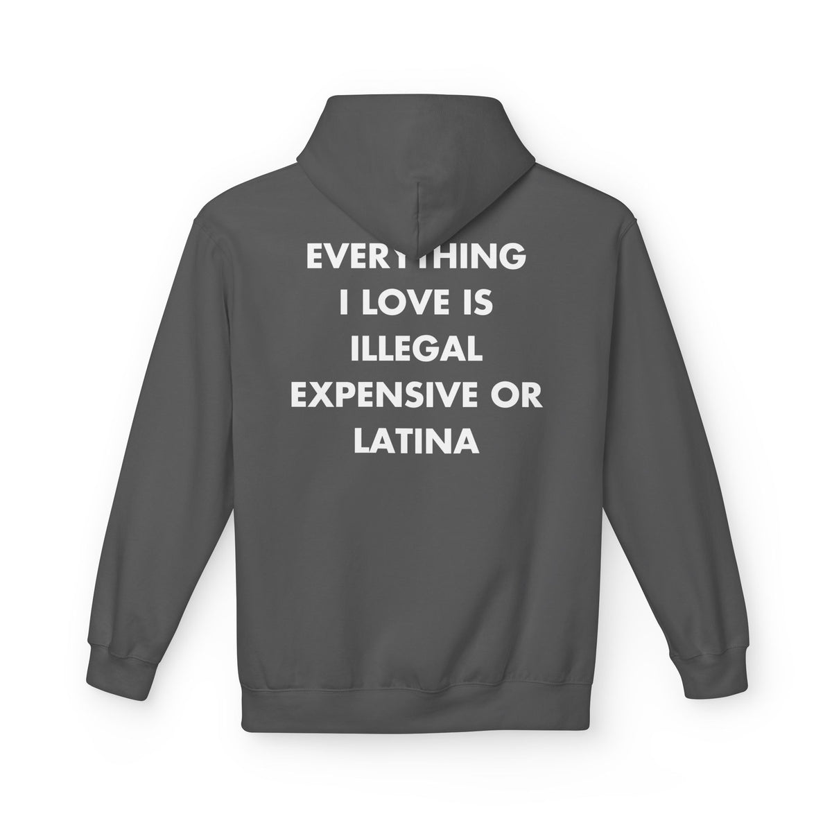 Charcoal hoodie with EVERYTHING I LOVE IS ILLEGAL EXPENSIVE OR LATINA back print