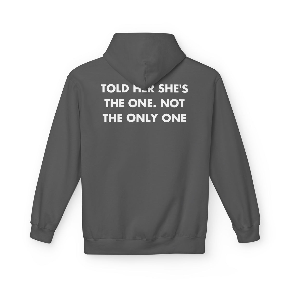 Charcoal hoodie with TOLD HER SHE'S THE ONE. NOT THE ONLY ONE back print