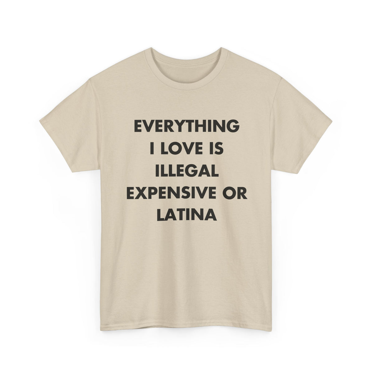 Sand T-shirt with EVERYTHING I LOVE IS ILLEGAL EXPENSIVE OR LATINA front print