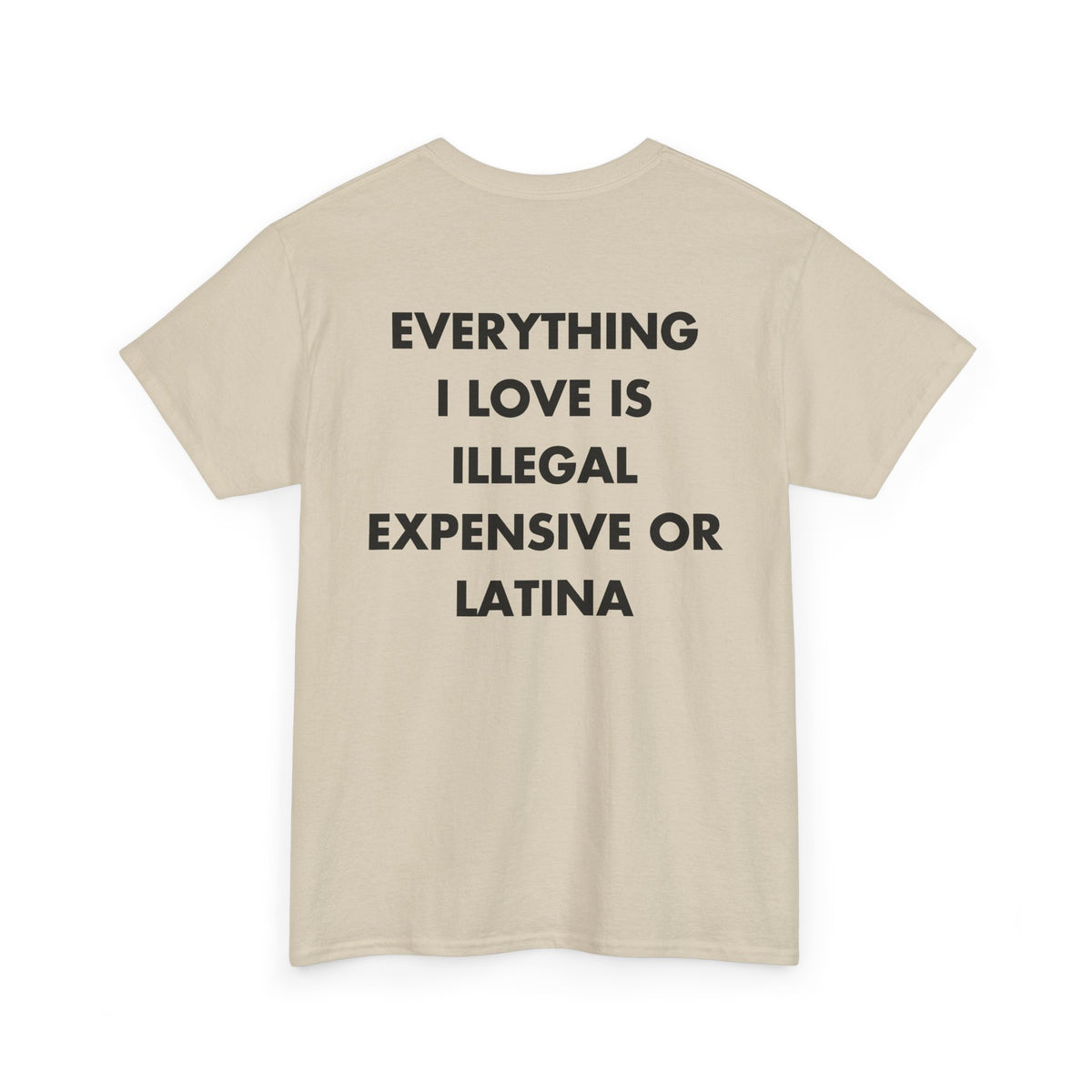 Sand T-shirt with EVERYTHING I LOVE IS ILLEGAL EXPENSIVE OR LATINA back print