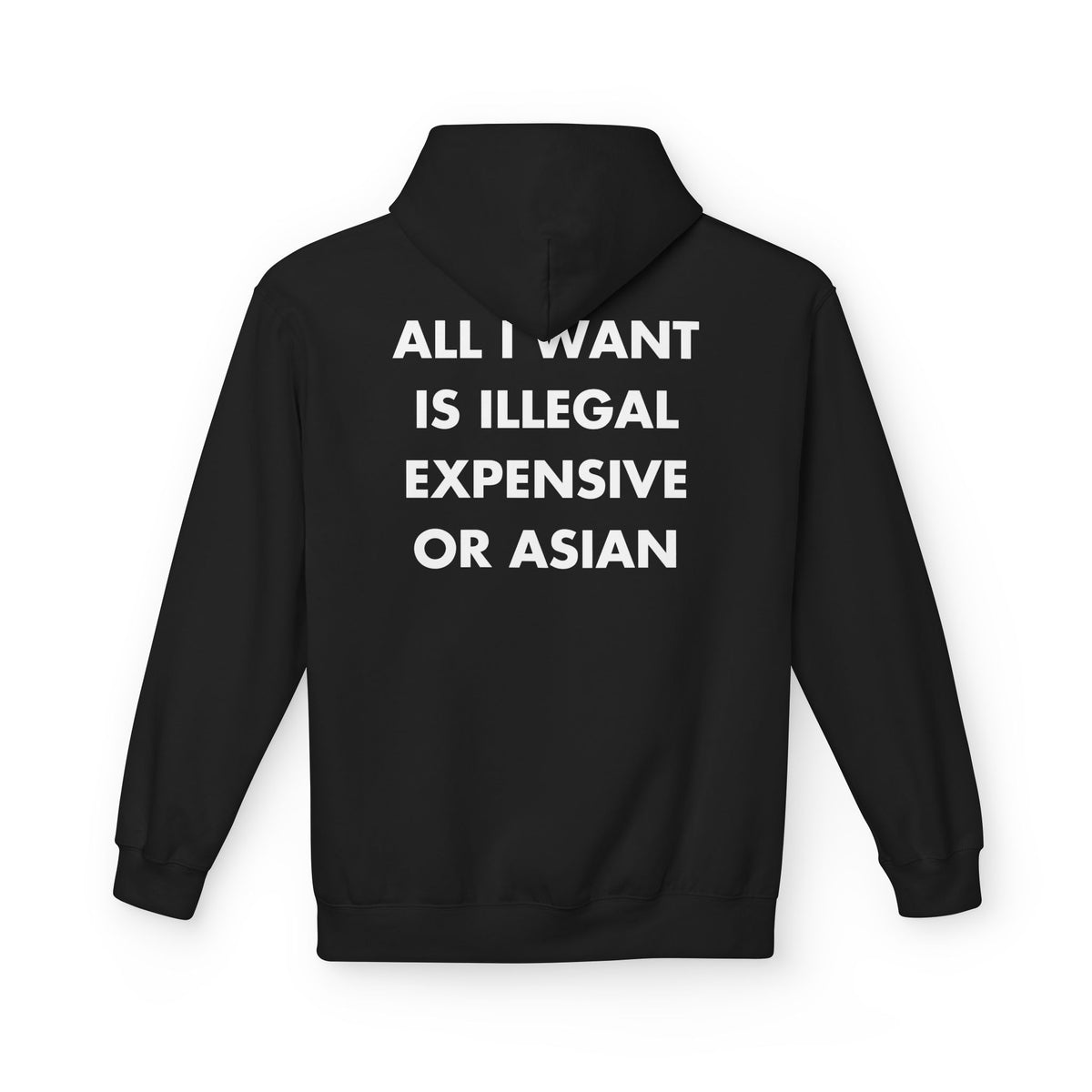 Black hoodie with ALL I WANT IS ILLEGAL EXPENSIVE OR ASIAN back print
