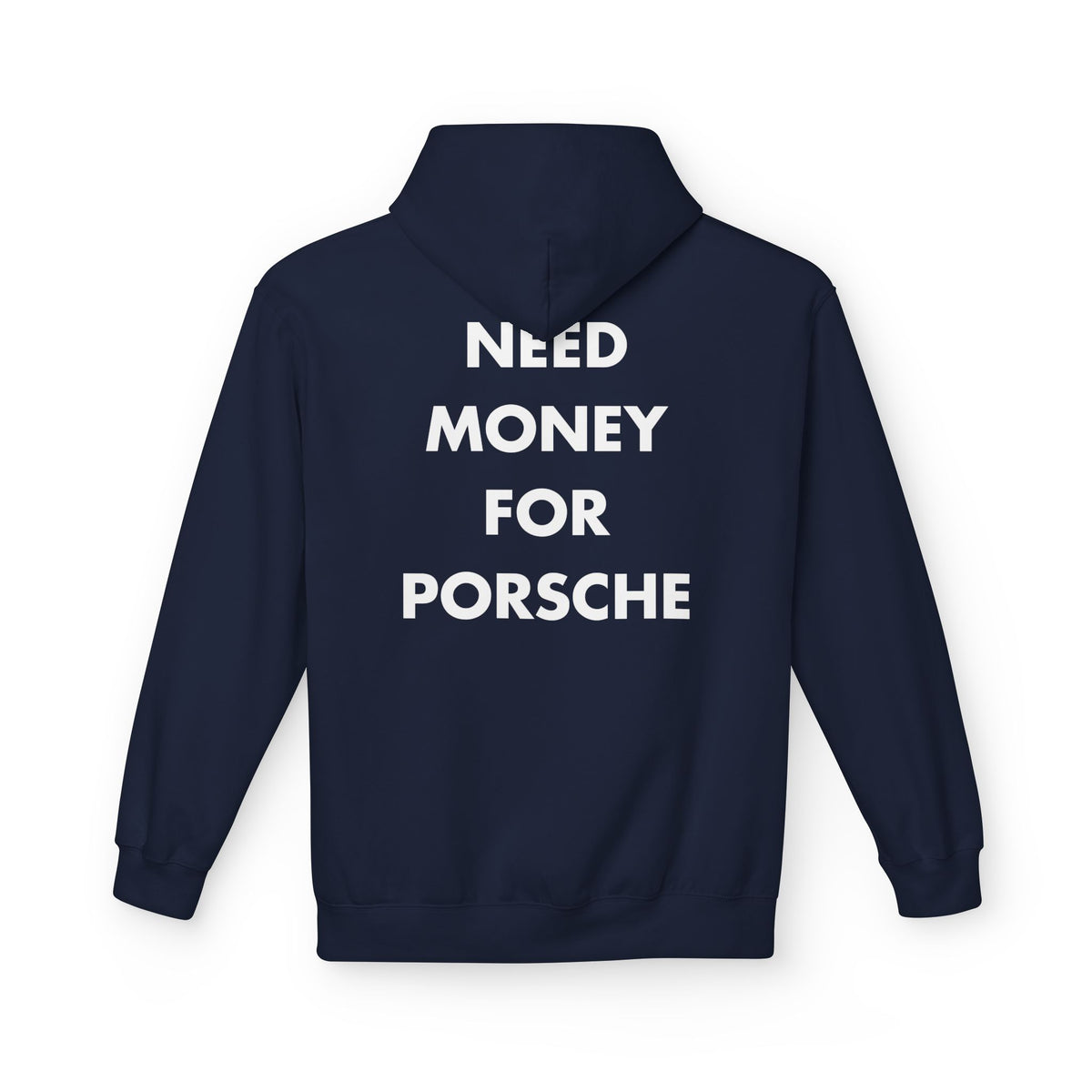 Navy hoodie with Need Money for Porsche back print