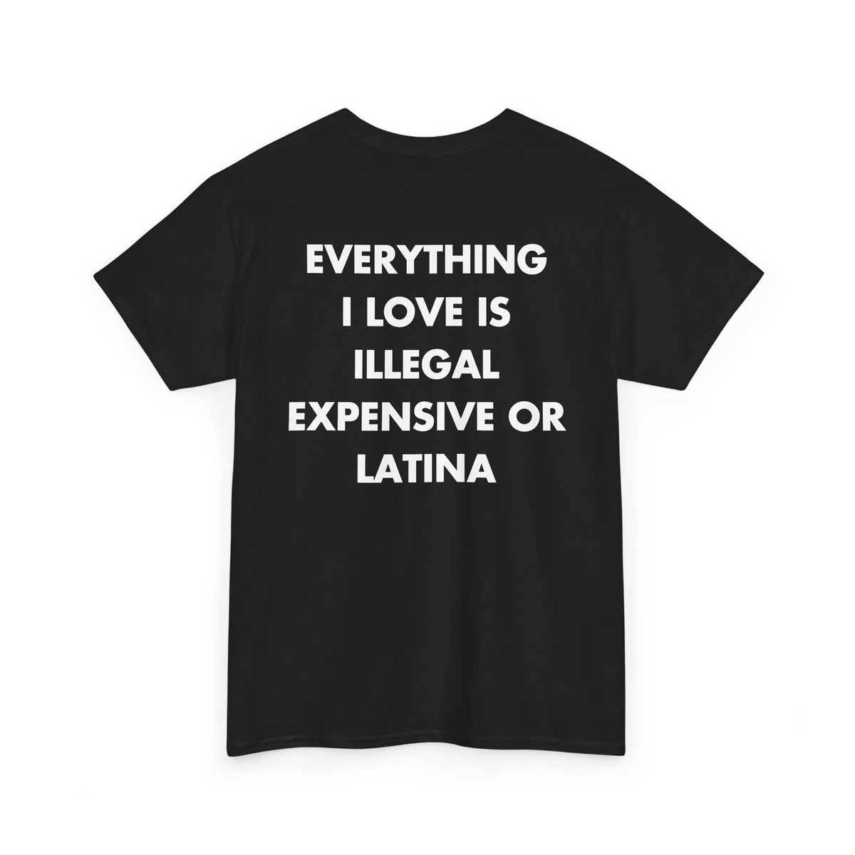 Black T-shirt with EVERYTHING I LOVE IS ILLEGAL EXPENSIVE OR LATINA back print