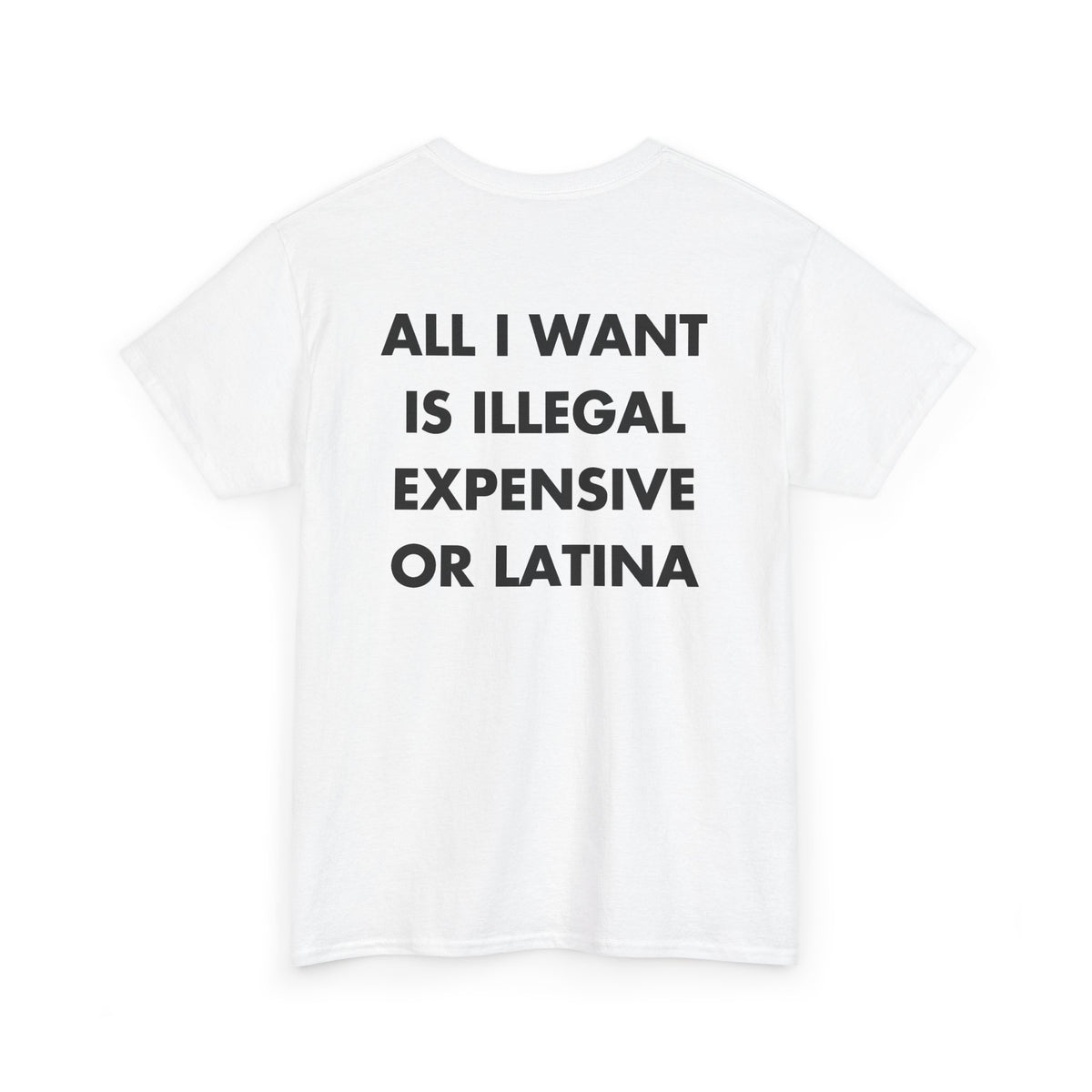 White T-shirt with ALL I WANT IS ILLEGAL EXPENSIVE OR LATINA back print