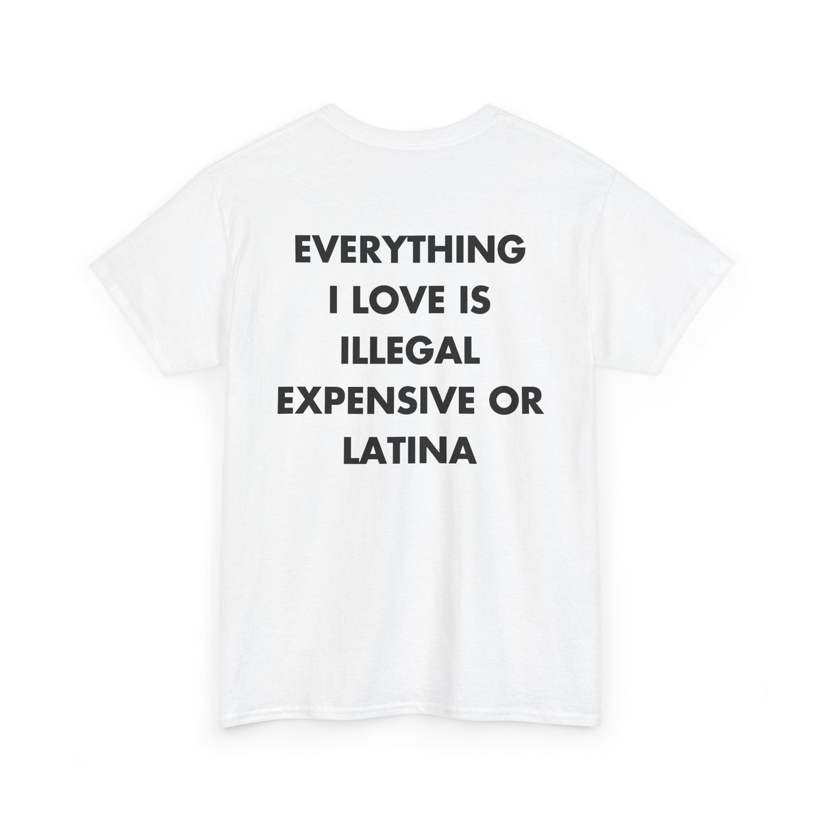 White T-shirt with EVERYTHING I LOVE IS ILLEGAL EXPENSIVE OR LATINA back print