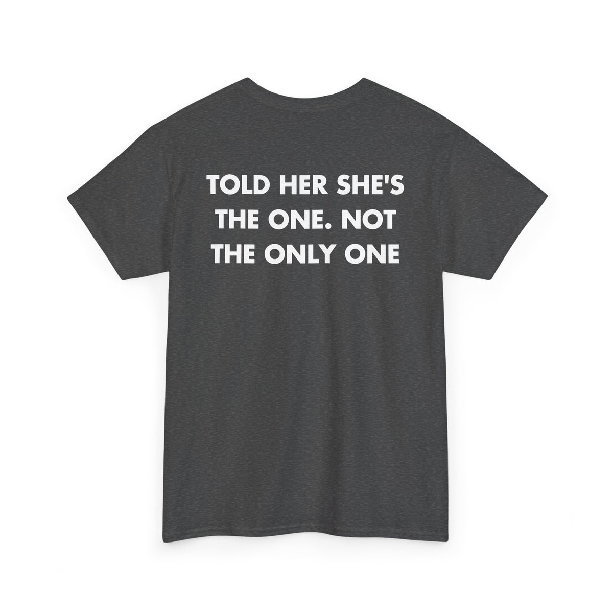 Dark Heather T-shirt with TOLD HER SHE'S THE ONE. NOT THE ONLY ONE back print