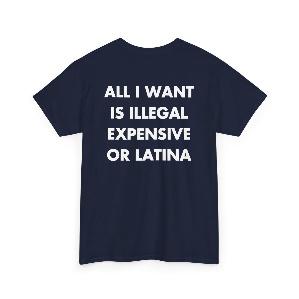 Navy T-shirt with ALL I WANT IS ILLEGAL EXPENSIVE OR LATINA back print
