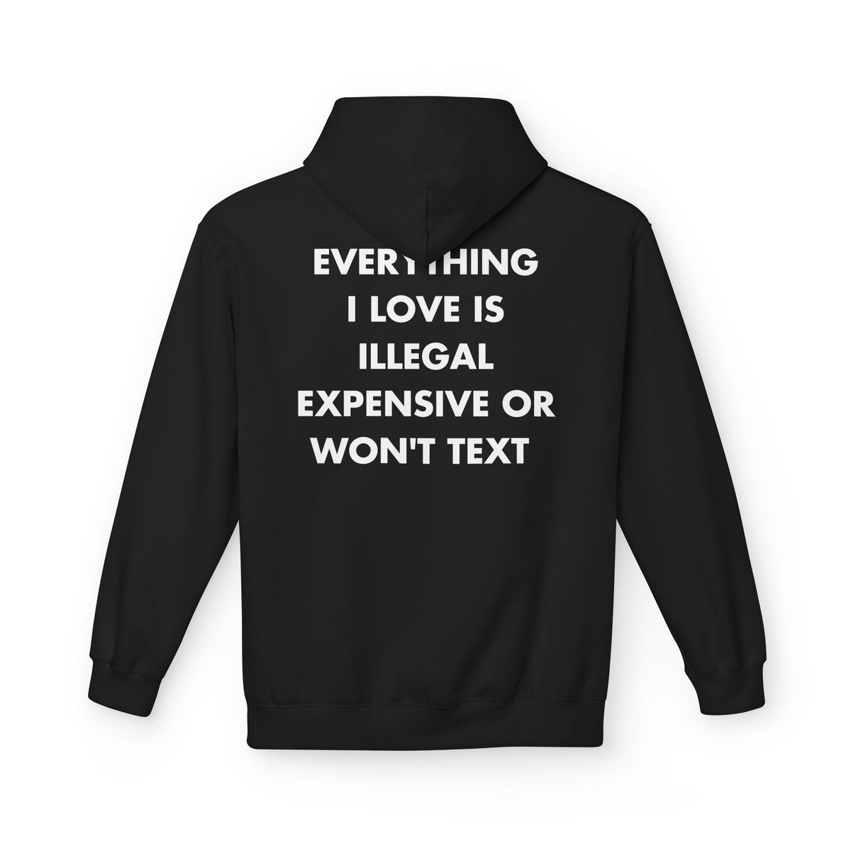 Black hoodie with EVERYTHING I LOVE IS ILLEGAL EXPENSIVE OR WON'T TEXT back print