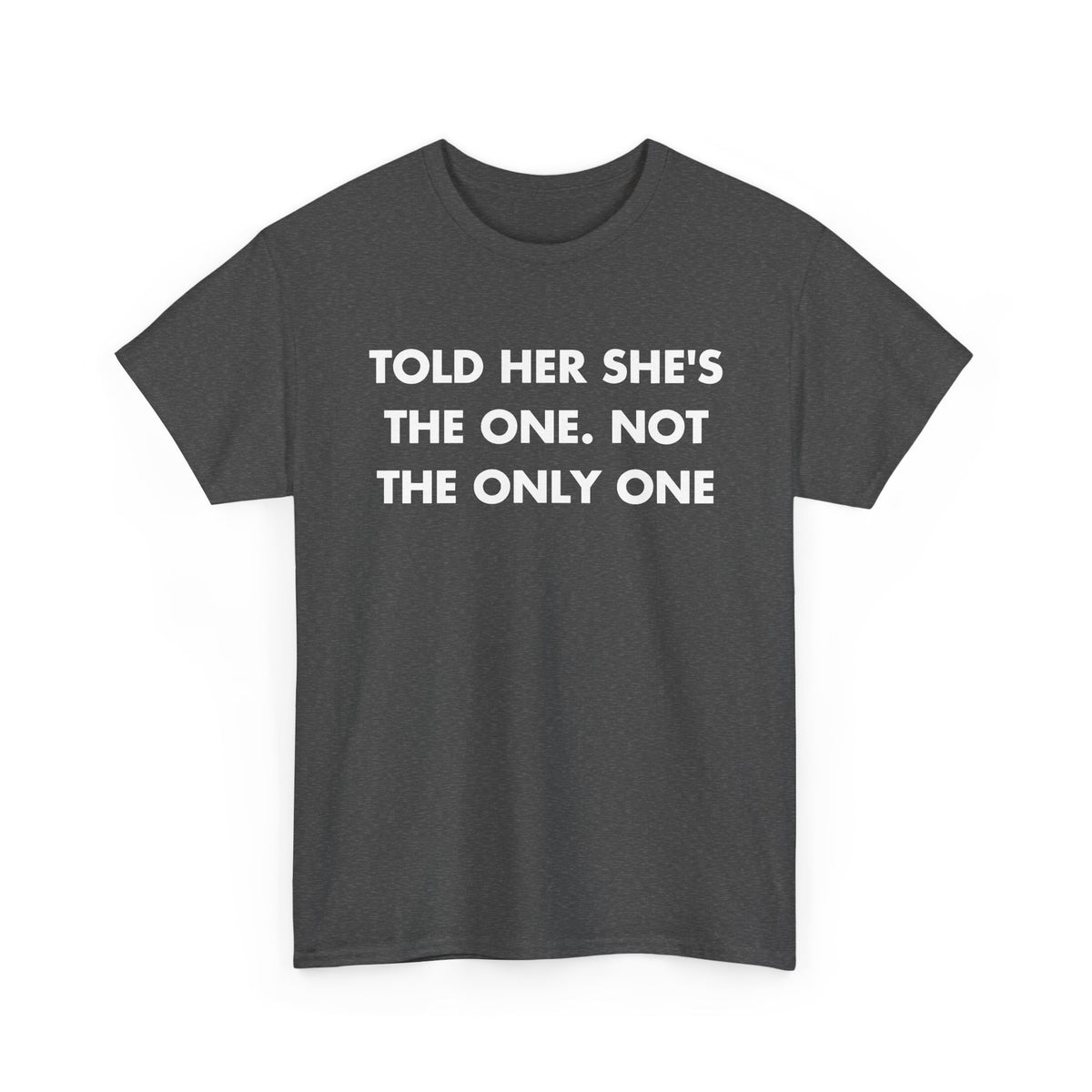 Dark Heather T-shirt with TOLD HER SHE'S THE ONE. NOT THE ONLY ONE front print