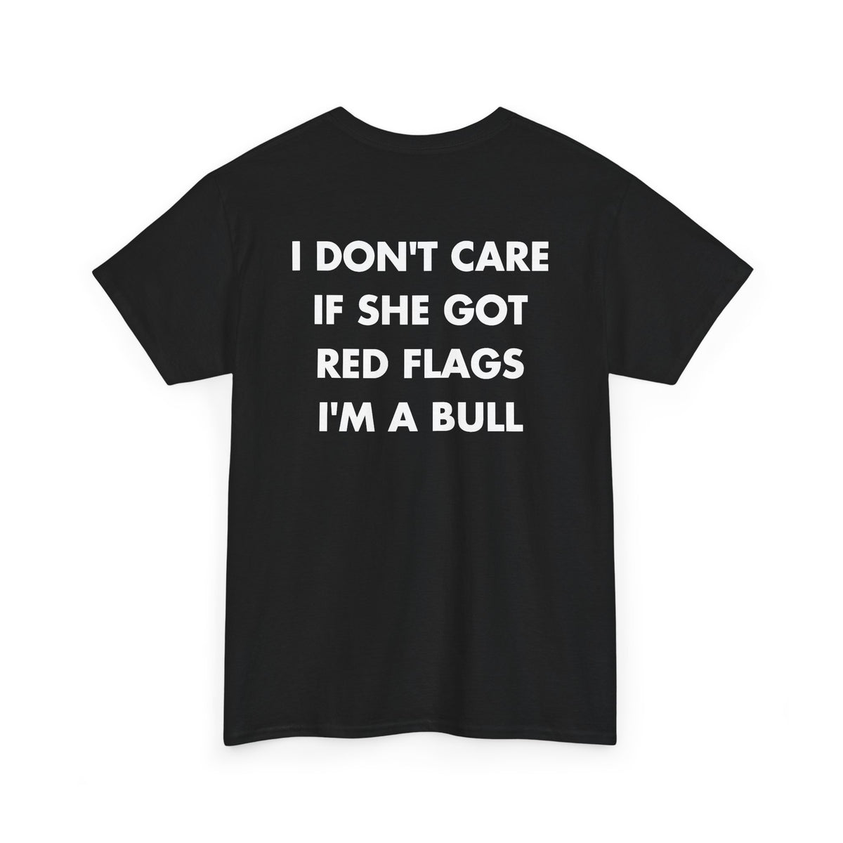 Black T-shirt with I DON'T CARE IF SHE GOT RED FLAGS I'M A BULL back print