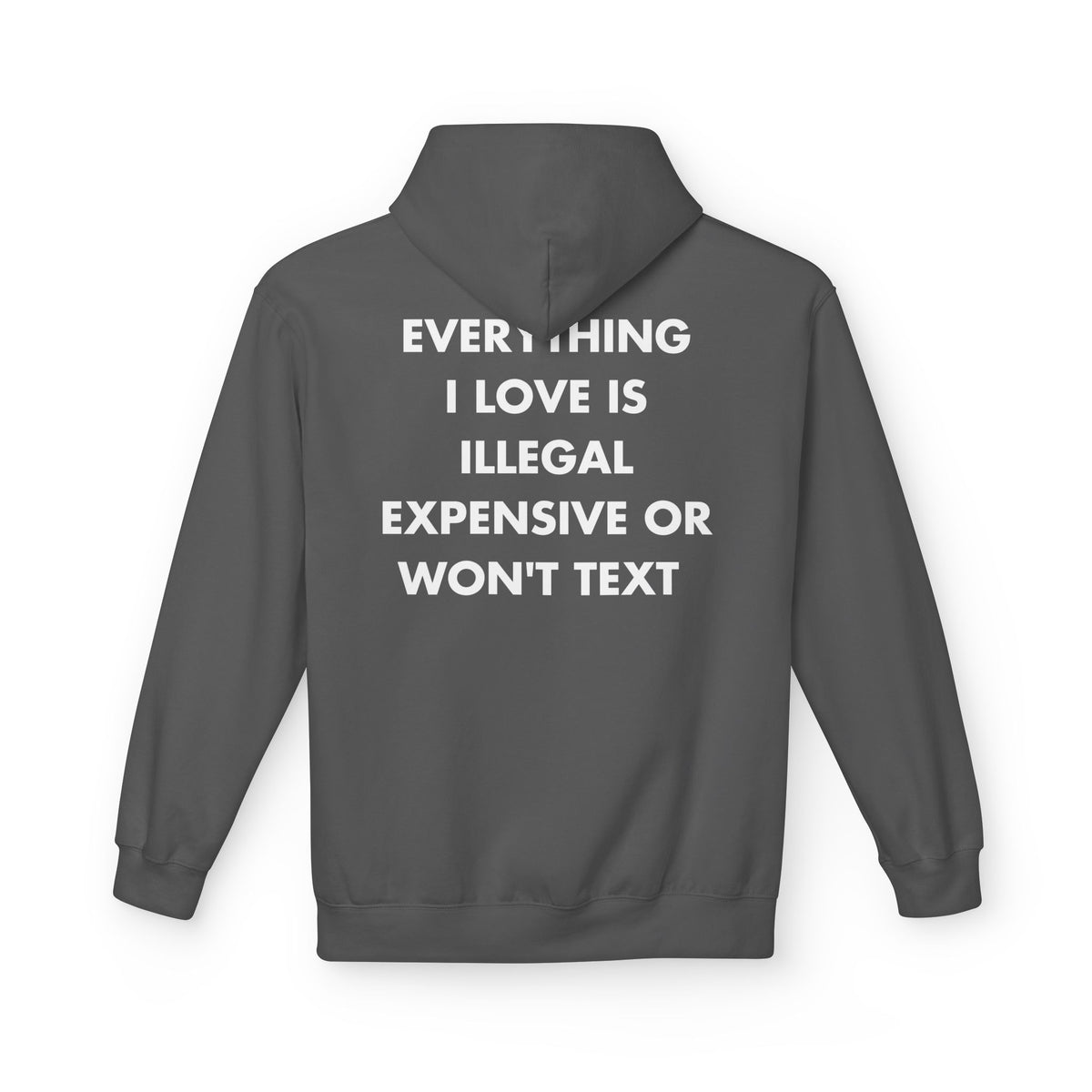 Charcoal hoodie with EVERYTHING I LOVE IS ILLEGAL EXPENSIVE OR WON'T TEXT back print